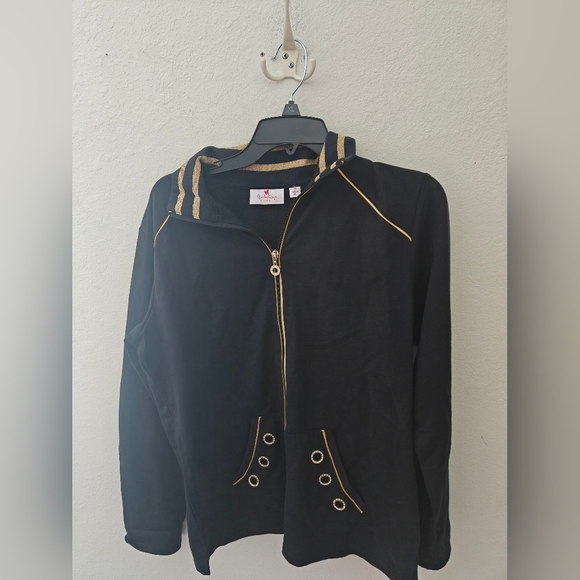Quacker Factory Jackets & Blazers - Quacker Factory Jacket French Terry Rhinestone Grommet Gold Trim Zip Up Black M